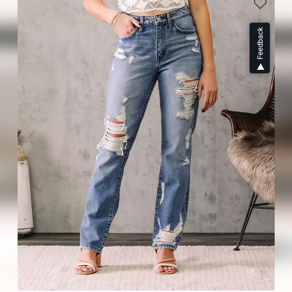 Flying Monkey Ultra High Waisted Straight Rigid Blue Jeans 26 distressed buckle